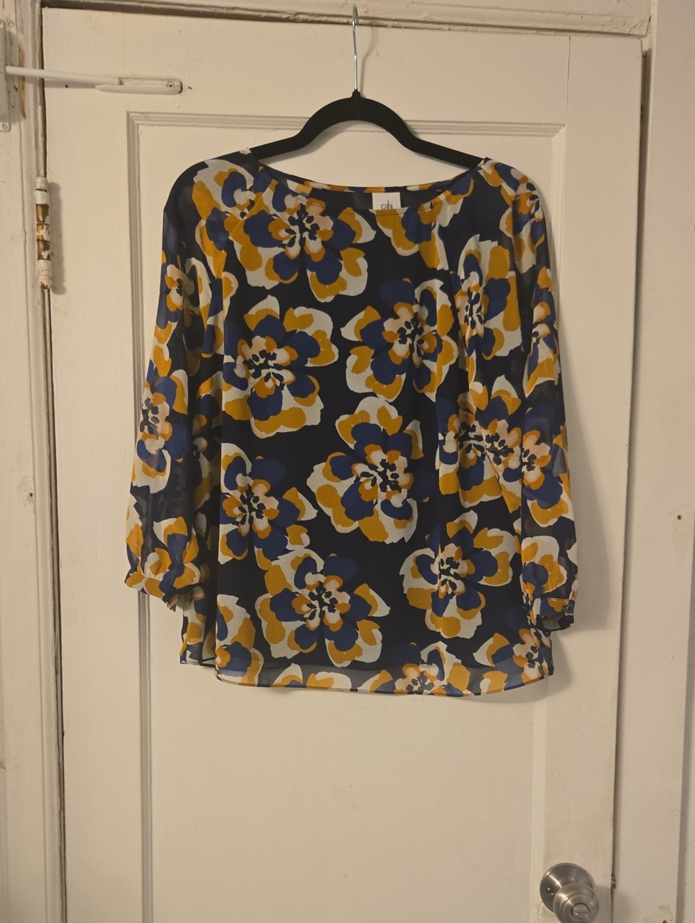 CAbi Navy Floral Blouse with Mustard & White Accents